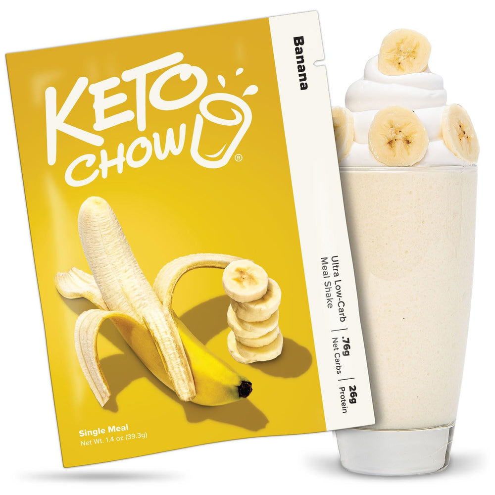 Keto Chow Banana packaging shows convenient keto meal replacement for quick prep