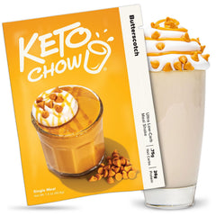 Keto Chow Butterscotch bottle being poured for a quick low-carb meal substitute.