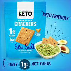 Keto Naturals crackers on a snack plate emphasize gluten-free, no sugar added attributes.