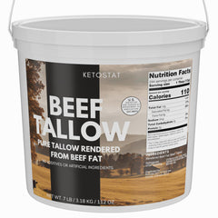 Ketostat beef tallow 7lb pail close-up, highlighting premium fat for cooking and skincare.