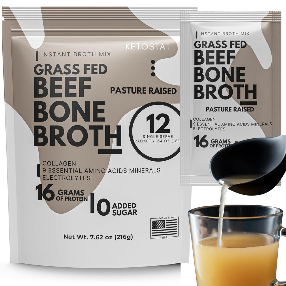 Ketostat bone broth protein packet ready to mix in hot water for a savory sip.