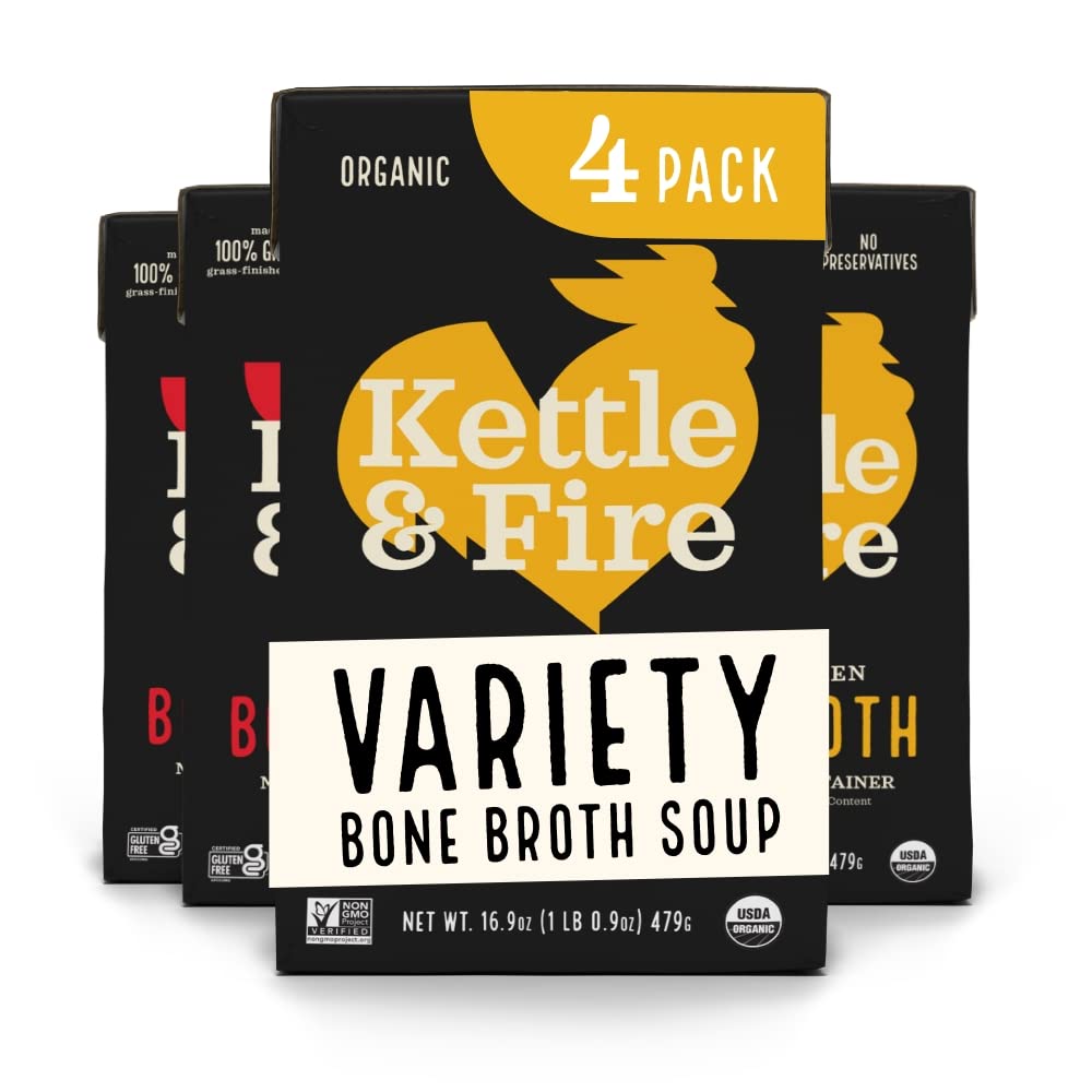 Kettle and Fire bone broth bottle shows rich flavor and collagen support for meals.
