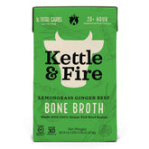 Kettle and Fire lemongrass ginger bone broth bottle pour highlighting collagen and flavor