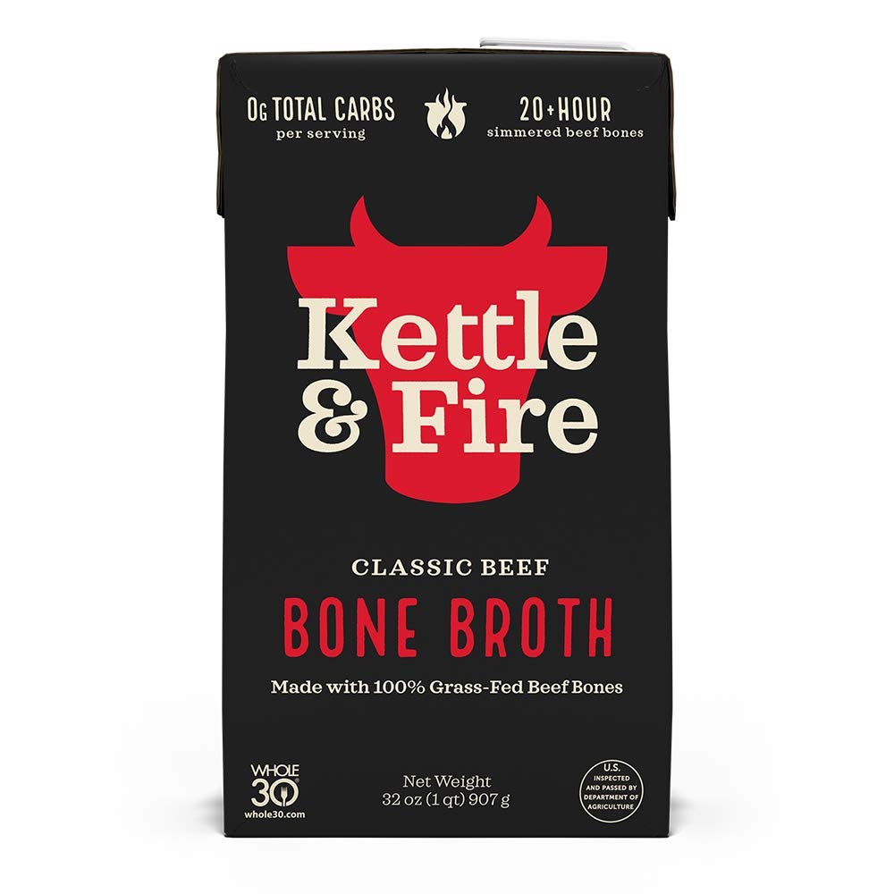 Kettle & Fire beef bone broth bottle shows rich amber color for hearty meals.