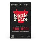 Kettle & Fire beef bone broth bottle shows rich amber color for hearty meals.