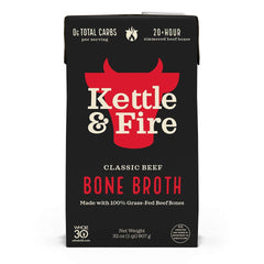 Kettle & Fire beef bone broth bottle shows rich amber color for hearty meals.