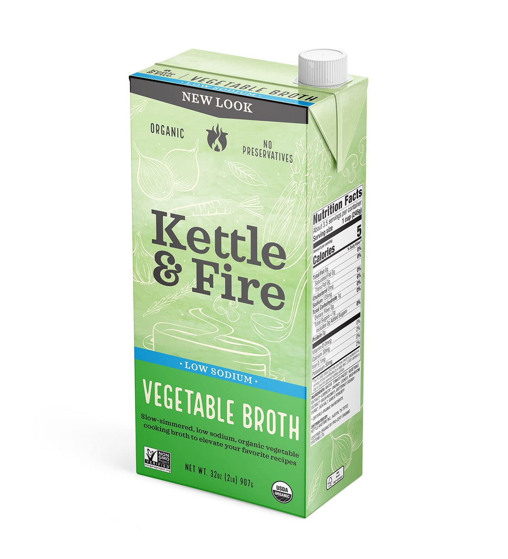 Kettle & Fire Organic Vegetable Broth low-sodium bottle adds flavor to soups.