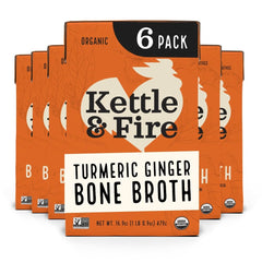 Kettle & Fire turmeric ginger chicken bone broth bottle with rich color and herbs