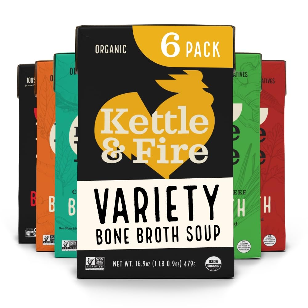 Kettle & Fire beef bone broth variety-pack front view for convenient, nourishing meals.