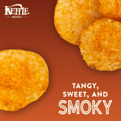 Chips with smoky finish, tangy flavor visible, Kettle Brand Texas BBQ chips.