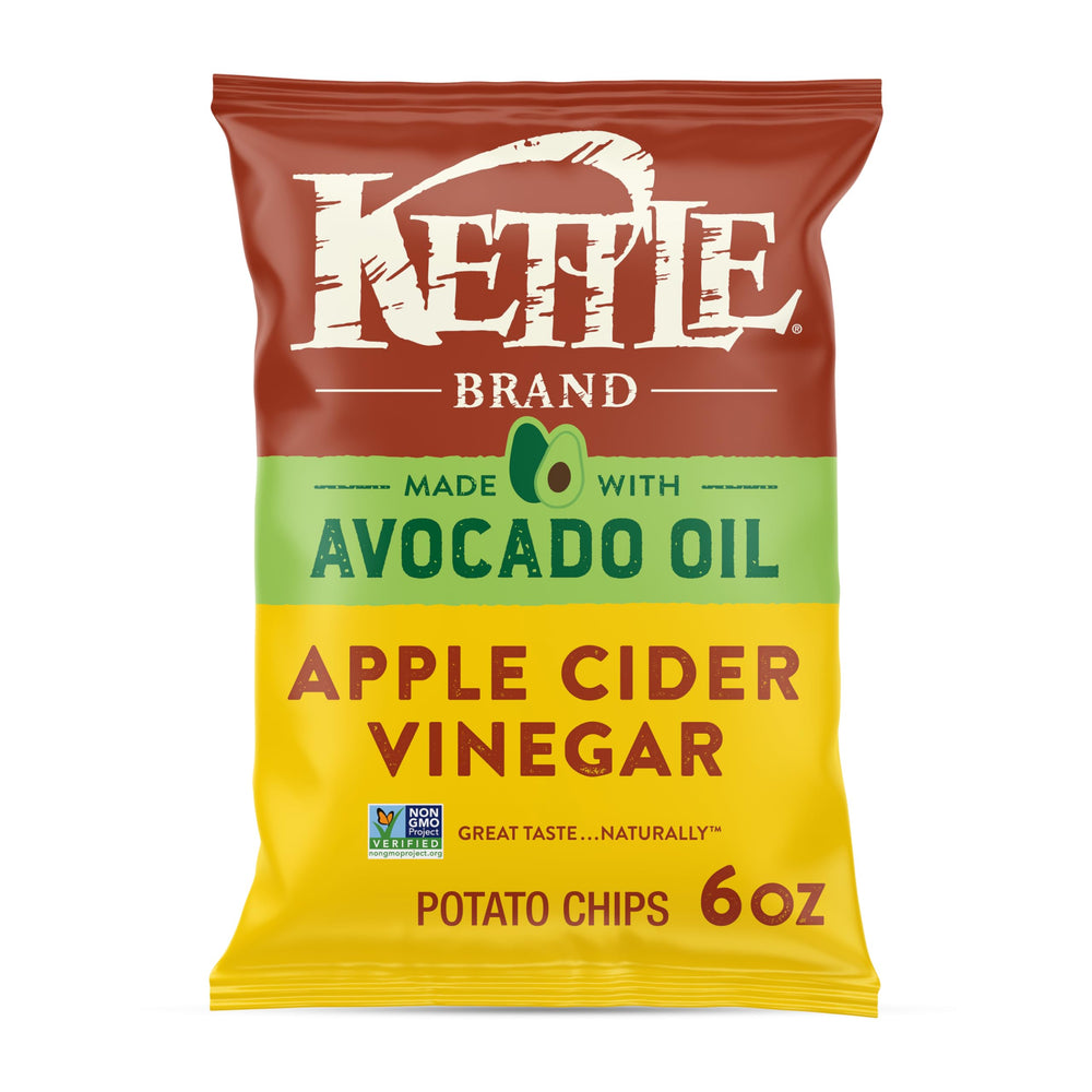 Kettle Brand avocado oil apple cider vinegar chips in bag, tangy bite, gluten-free snack.