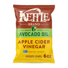 Kettle Brand avocado oil apple cider vinegar chips in bag, tangy bite, gluten-free snack.