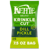 Kettle Brand Krinkle Cut Dill Pickle chips in bag showing bold crunch