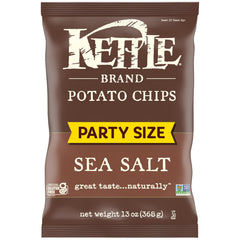 Kettle Brand Sea Salt potato chips in bag, ideal for gatherings.