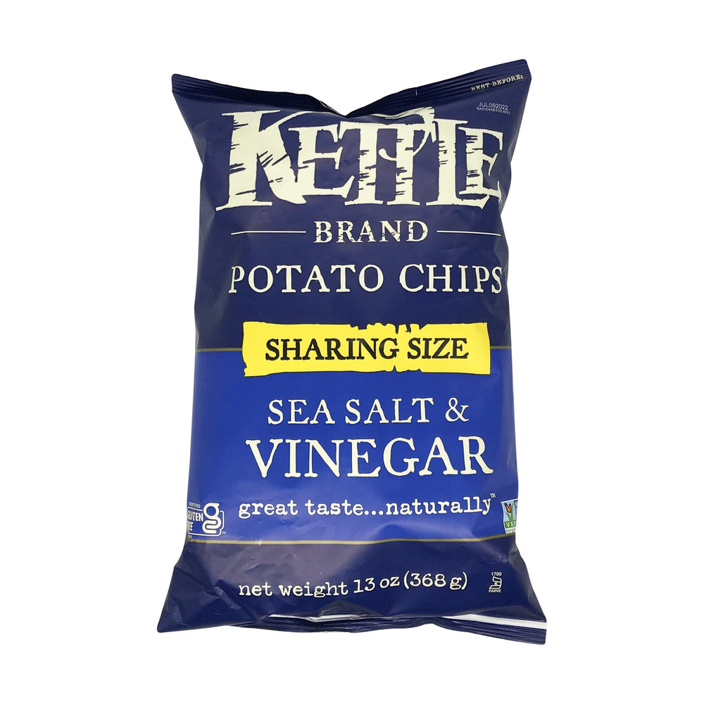Kettle Brand Salt and Vinegar chips bag, bold flavor ready for snacking.