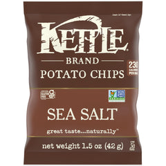 Kettle Brand Sea Salt Chips close-up shows crispy texture for snacking.