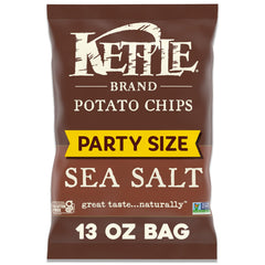 Kettle Brand Sea Salt Potato Chips pack close-up, crave-worthy crunch.