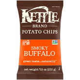 Kettle Brand Smoky Buffalo chips bag closeup highlighting bold flavor and crunch.