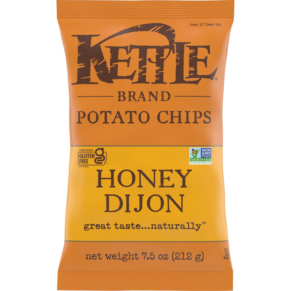 Kettle Brand Honey Dijon bag close-up highlighting premium potatoes and flavor.
