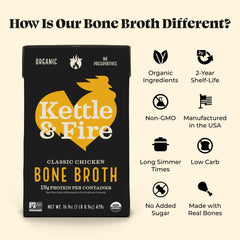 Kettle & Fire simmered chicken bone broth gently bubbling on the stove