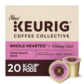Whole Hearted dark roast bag from Keurig Coffee Collective on a kitchen counter, inviting aroma.