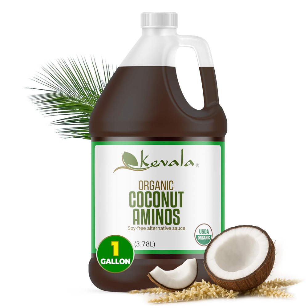 Kevala Coconut Aminos bottle being poured for everyday cooking, soy-free alternative.