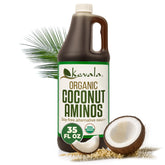 Kevala Coconut Aminos bottle being poured, a soy-free sauce alternative for stir-fries