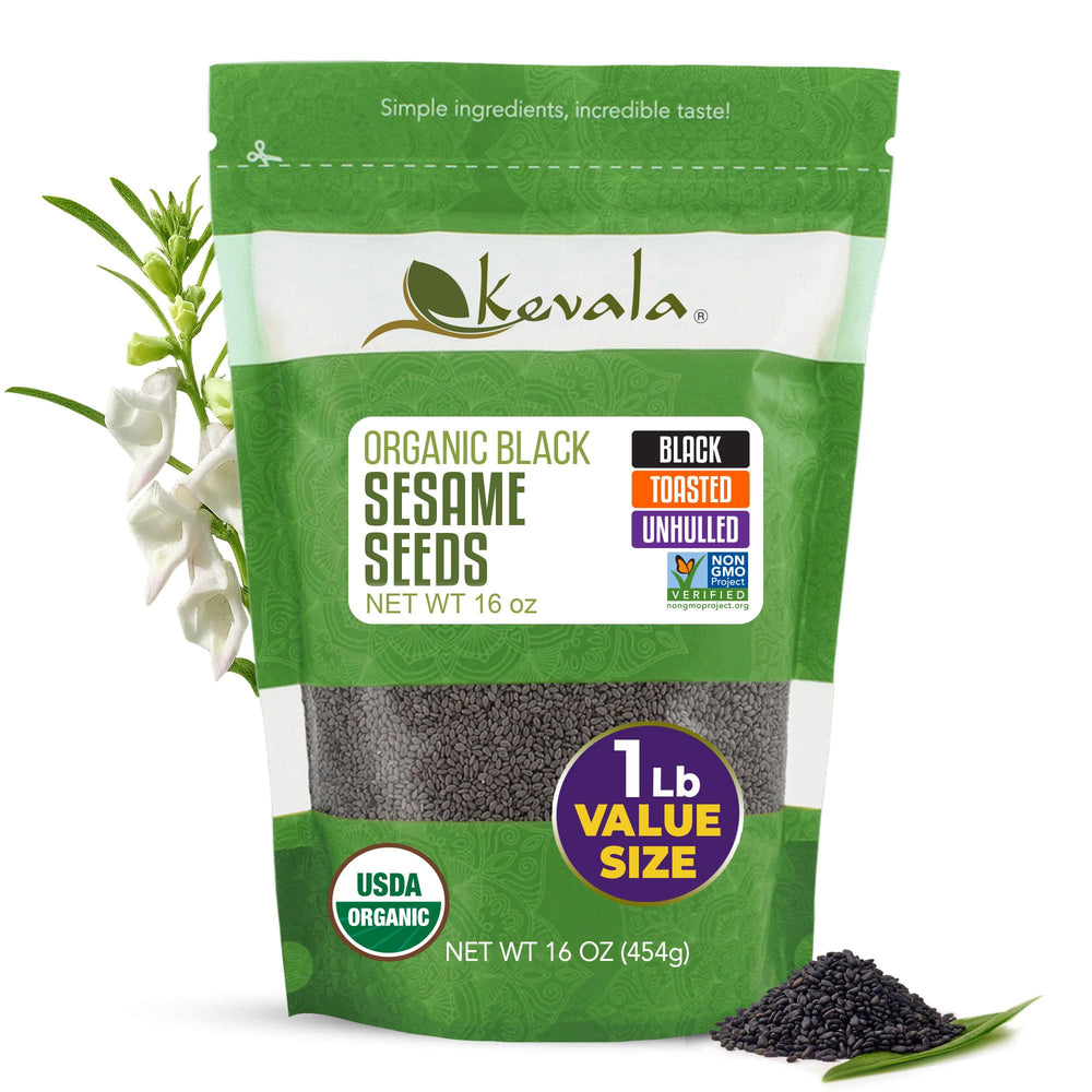 Kevala Organic Black Toasted Sesame Seeds in a resealable bag for fresh toppings.