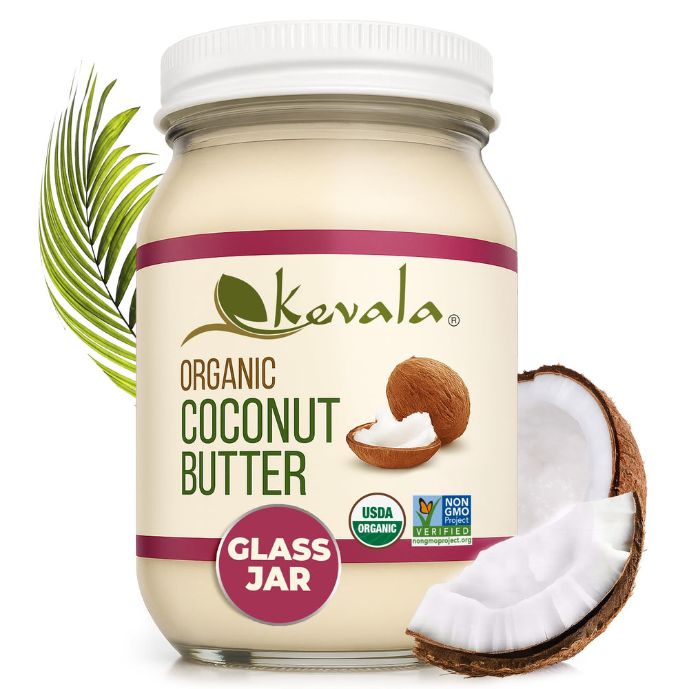 Kevala organic coconut butter in a glass jar ready for spreading