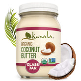 Kevala organic coconut butter in a glass jar ready for spreading