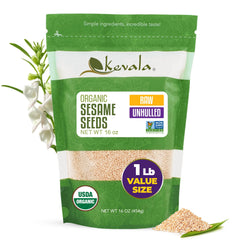 Kevala Organic Raw Sesame Seeds unhulled bag for pantry storage and cooking.