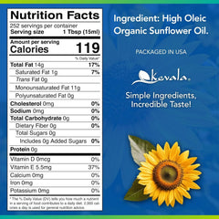 Kevala Organic Sunflower Oil label closeup emphasizes certified quality for healthy meals.