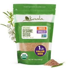 Kevala Organic toasted sesame seeds bag close-up, a versatile pantry staple for snacking and cooking.