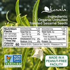 Kevala organic sesame seeds unhulled bag open pour, pre-roasted for quick kitchen prep.