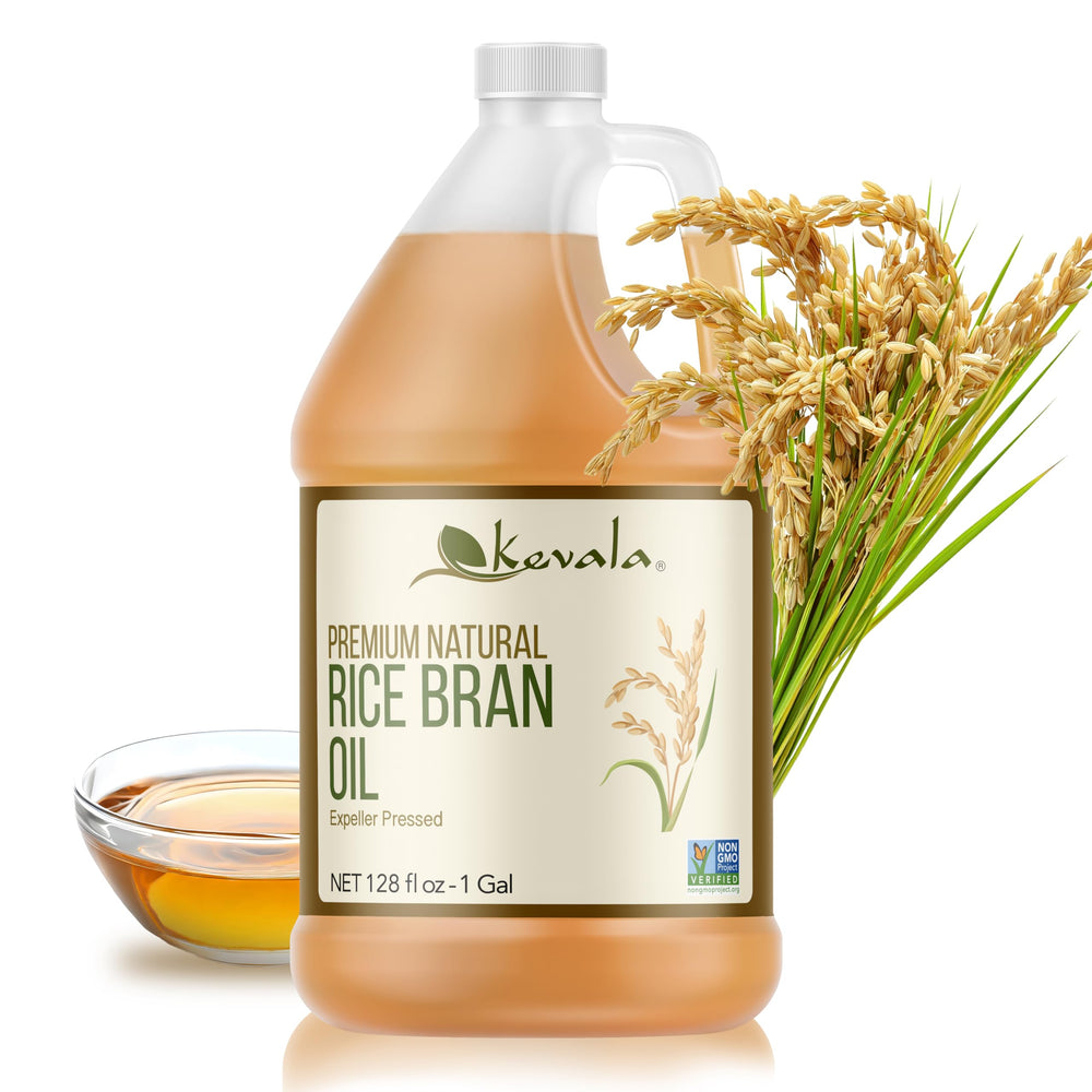 Kevala Rice Bran Oil bottle—1 gallon, ideal for bulk baking and frying.