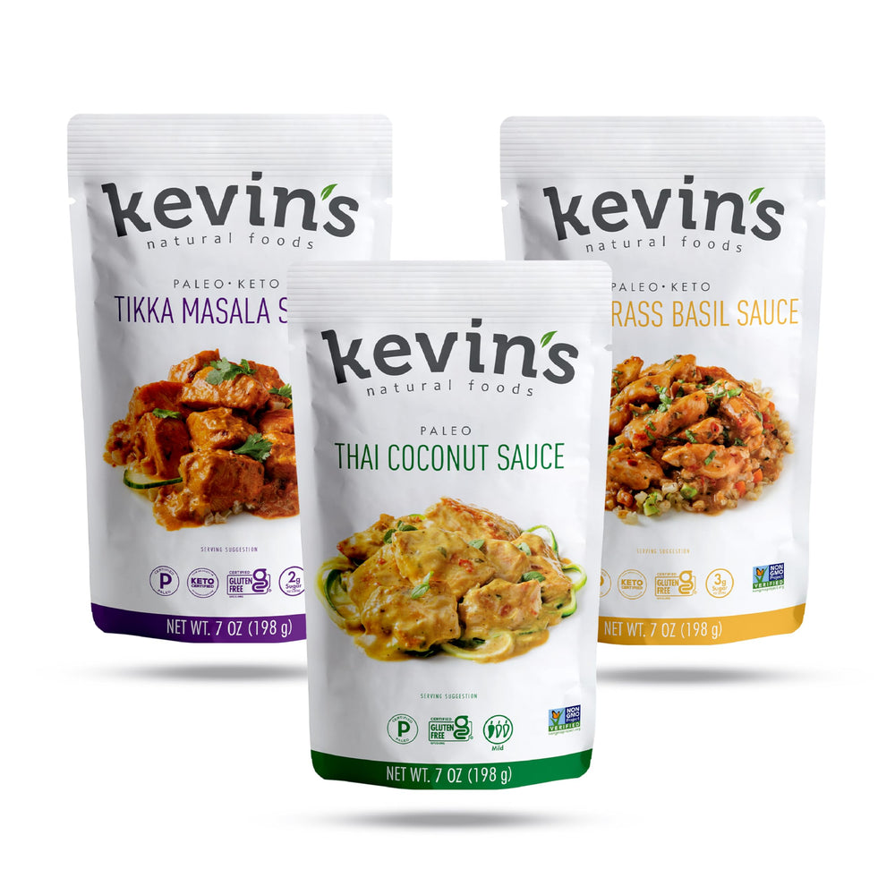 Kevin's Natural Foods tikka massala bottle, rich curry aroma for quick weeknight dinners.