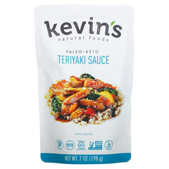 Kevins Natural Foods Teriyaki sauce bottle enhances stir-fries with glossy glaze and balanced sweetness.