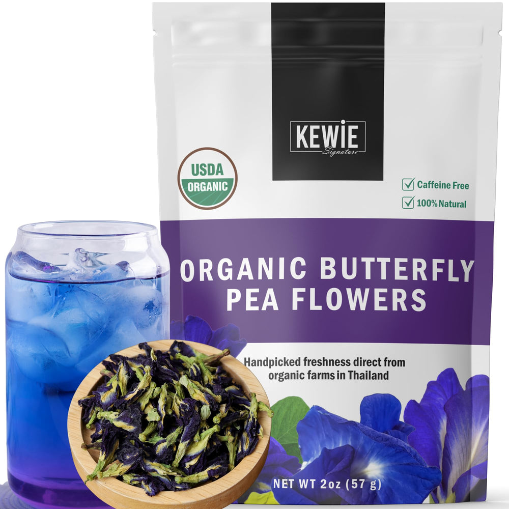 KEWIE Signature butterfly pea tea pack shot showing premium organic packaging