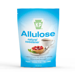Keystone Pantry allulose sweetener packaging close-up highlighting low calories and zero net carbs.