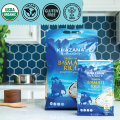 Khazana raw basmati rice grains close-up highlighting slender, fragrant kernels.