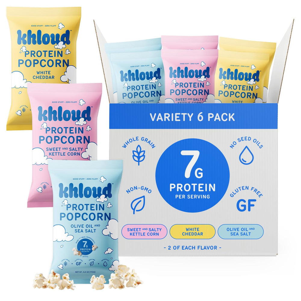Khloud Protein Popcorn White Cheddar bag shows protein-packed snack option