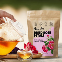 Dried rose petals from KHWAN'S TEA ready to flavor desserts and baking