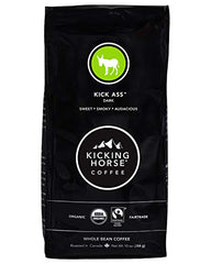 Kicking Horse Kick Ass Dark Roast coffee beans close-up, rich aroma.
