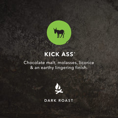 Kicking Horse Kick Ass dark roast bag back, notes of chocolate and vanilla for tasting.