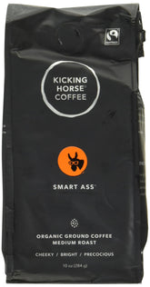Kicking Horse Smart Ass coffee pack with medium roast and chocolate notes for mornings.