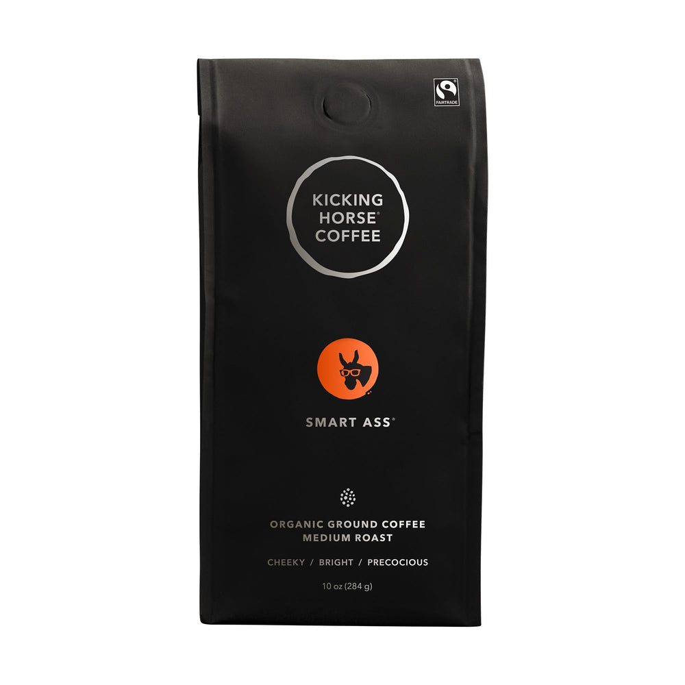 Kicking Horse Smart Ass ground coffee 10oz ready to brew for a bright morning.