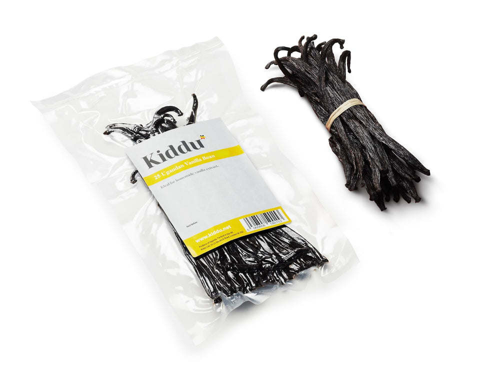 Kiddu vanilla beans 25 Grade B closeup show whole beans for rich vanilla extract.