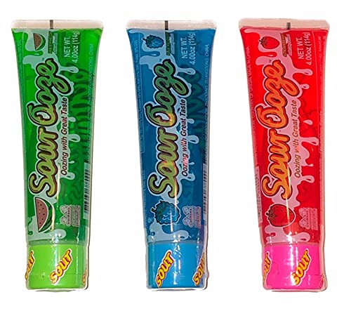 Kidsmania Sour Ooze Tubes 3-pack with watermelon, strawberry, and blue raspberry, portable tangy treat