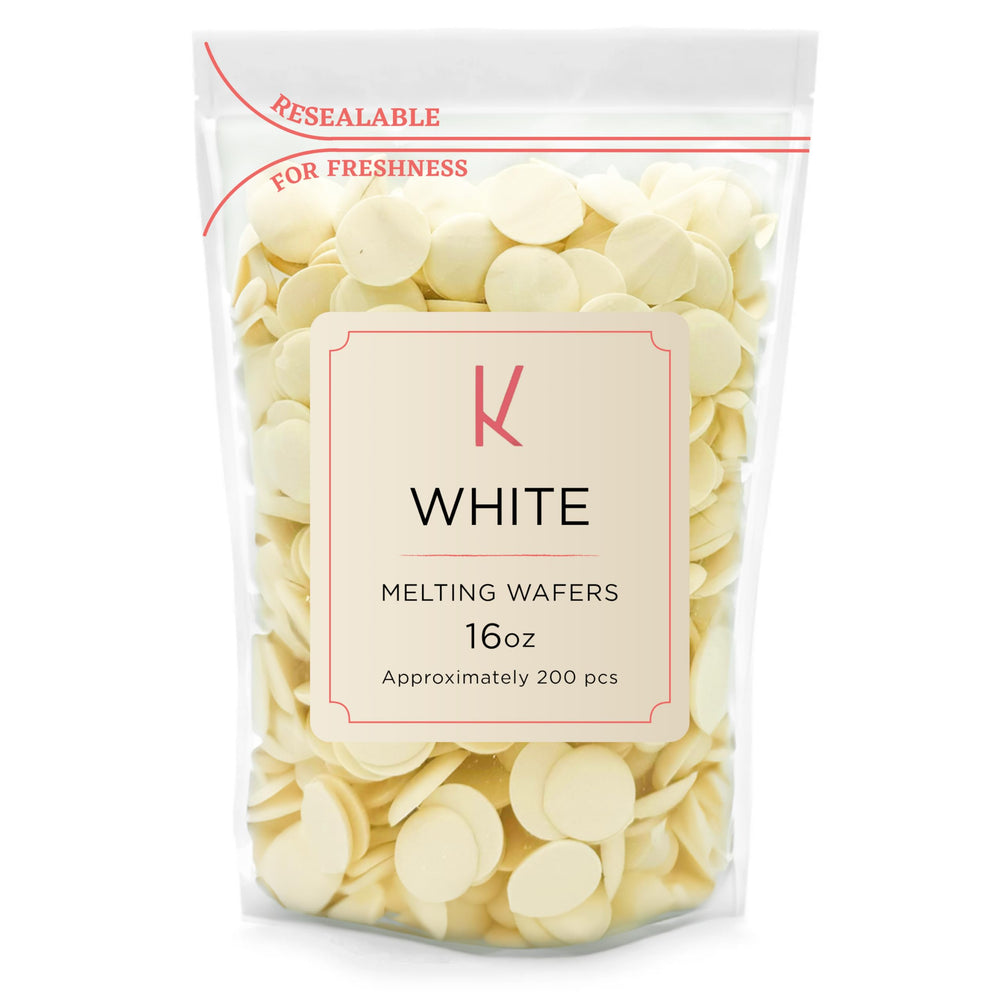 KIDU chocolate melting wafers in a 1 lb white bulk bag, ideal for dipping.