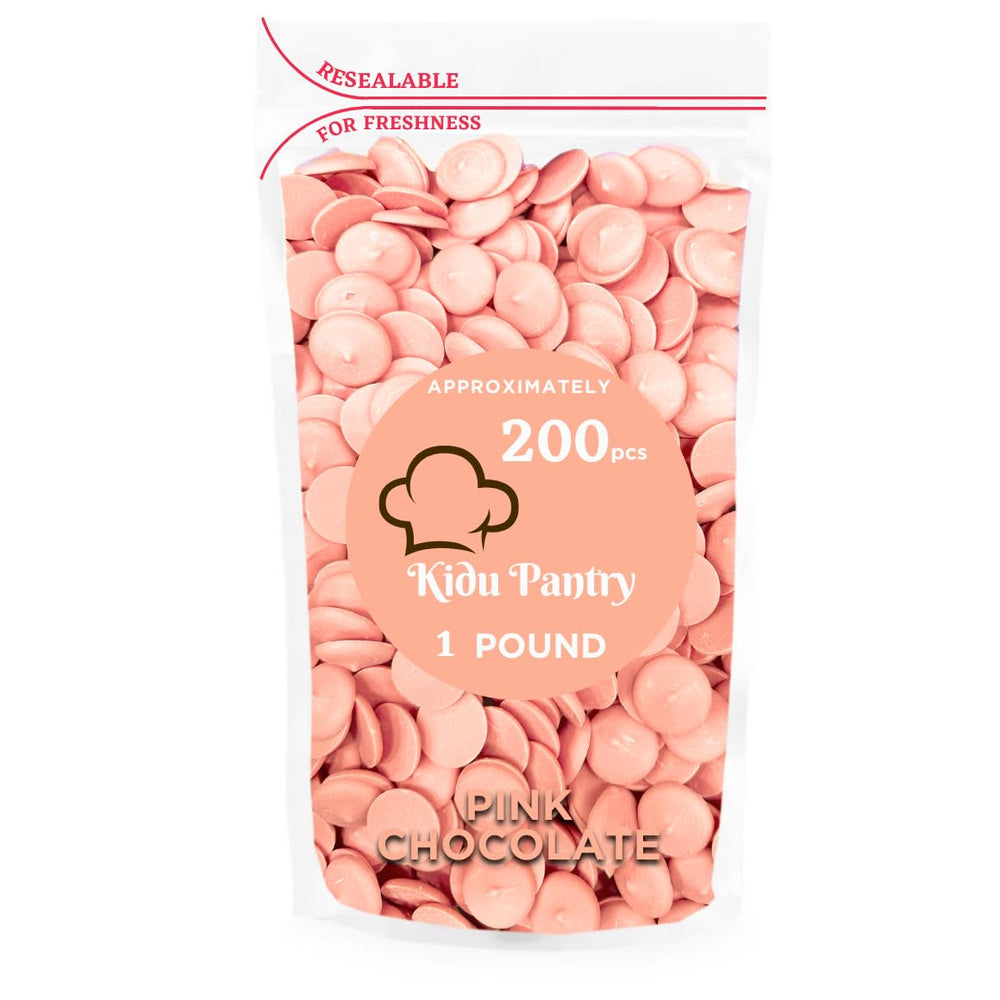 KIDU Pantry pink melting chocolate wafers in a 1 lb bulk bag ready for baking.